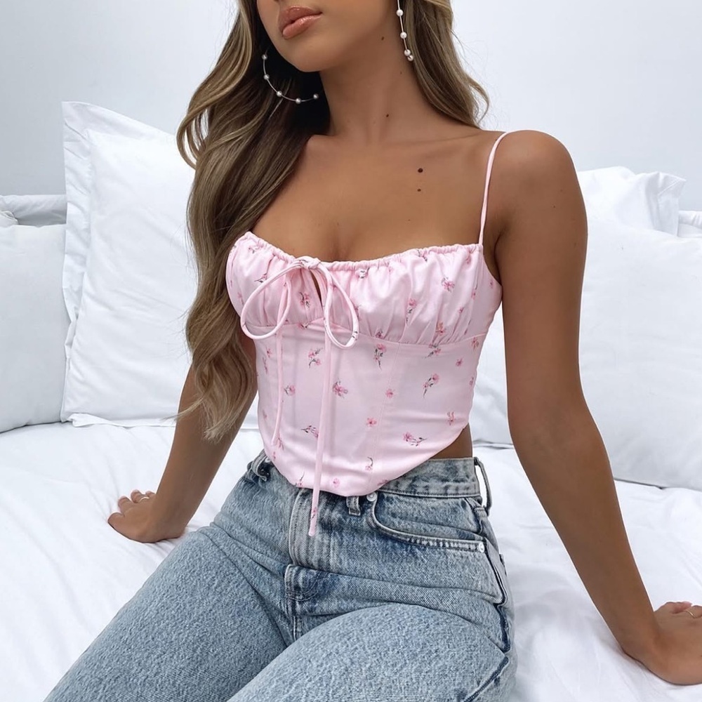 White Fox String Them Along Pink Floral Bustier Top Size XL - Picture 1 of 7